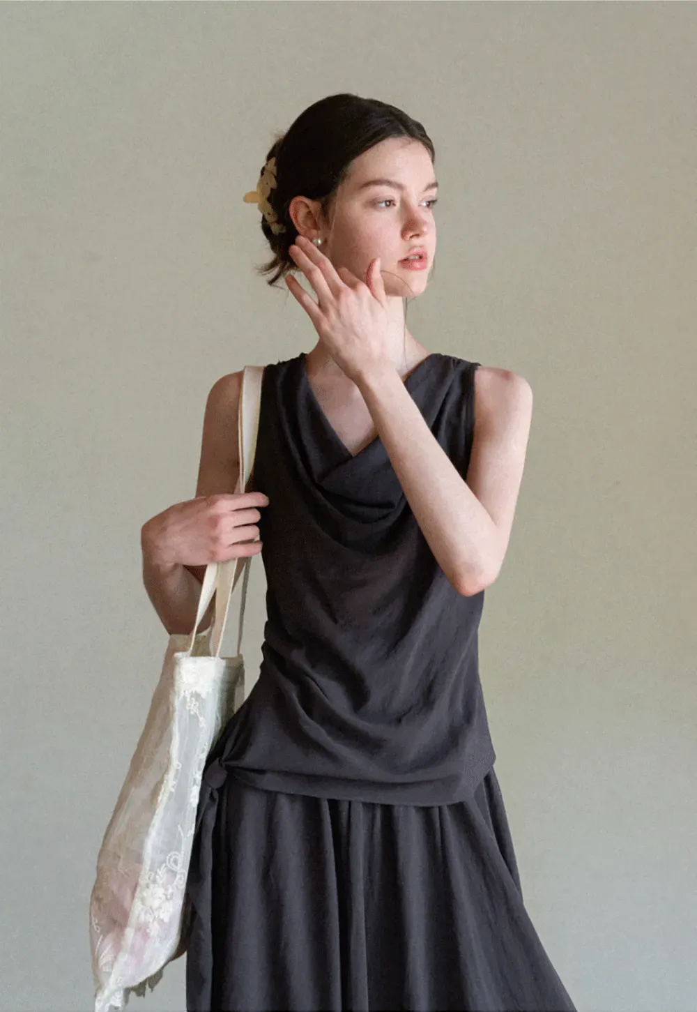 Draped V Neck Sleeveless Top And Flowing A Line Skirt Set
