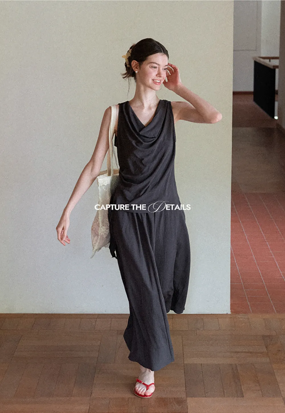 Draped V Neck Sleeveless Top And Flowing A Line Skirt Set
