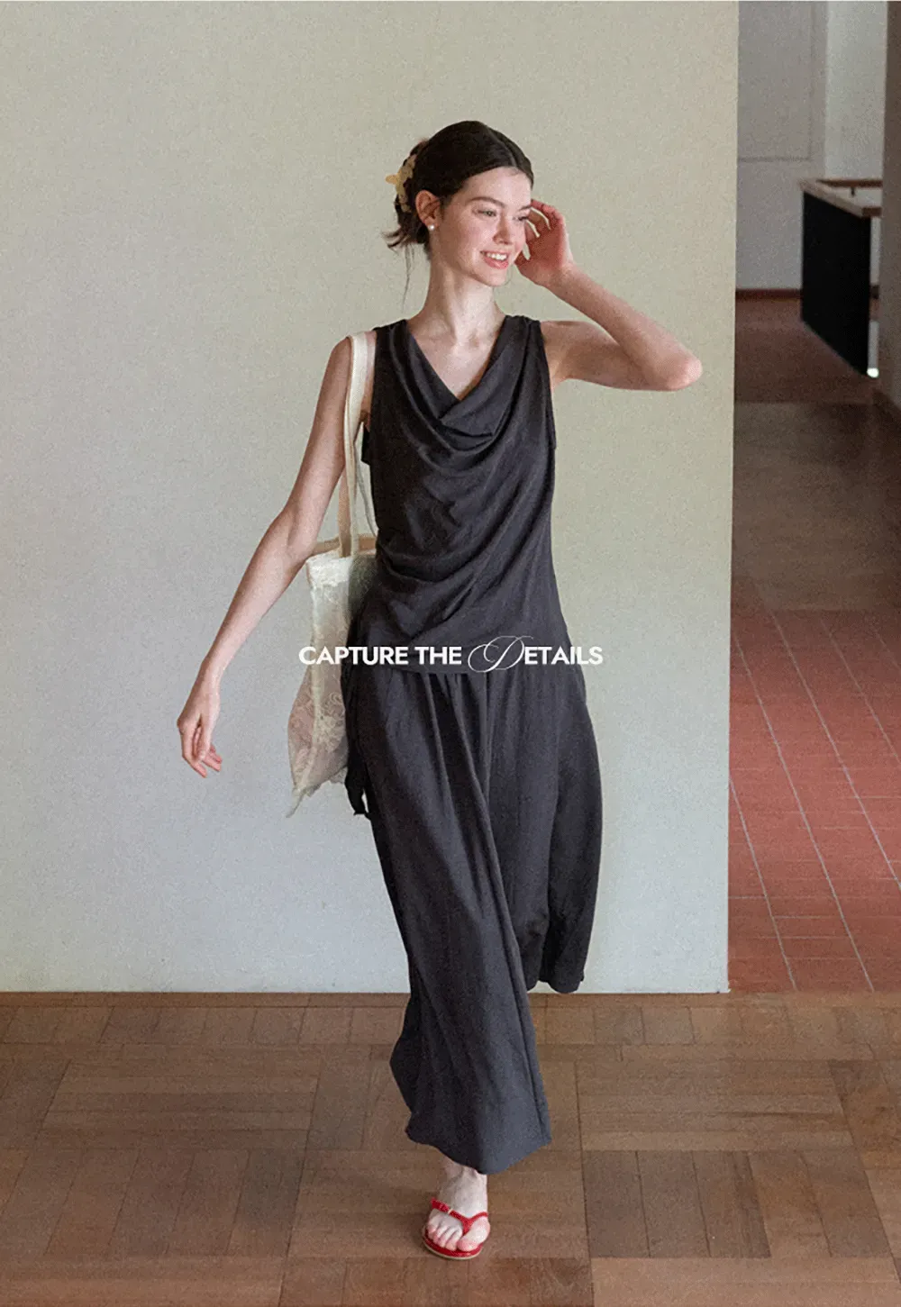 Draped V Neck Sleeveless Top And Flowing A Line Skirt Set