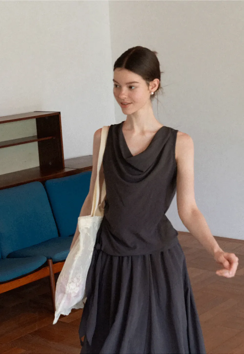 Draped V Neck Sleeveless Top And Flowing A Line Skirt Set