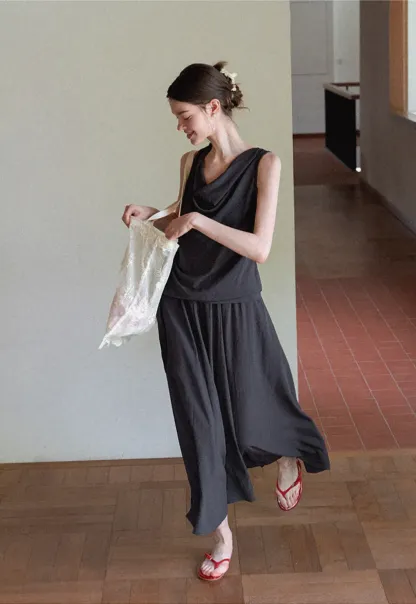 Draped V Neck Sleeveless Top And Flowing A Line Skirt Set