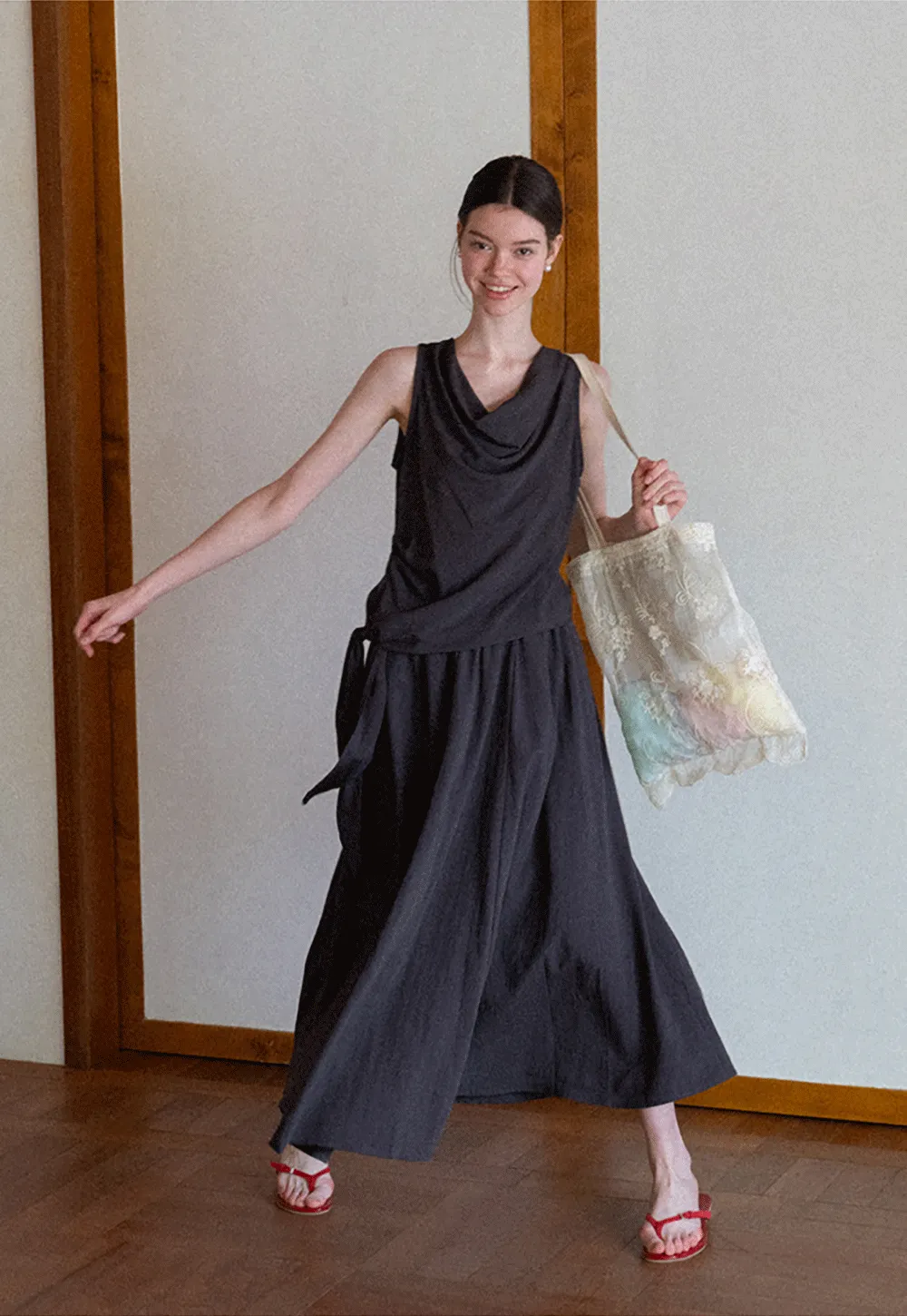 Draped V Neck Sleeveless Top And Flowing A Line Skirt Set