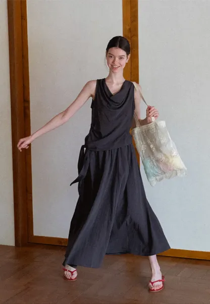 Draped V Neck Sleeveless Top And Flowing A Line Skirt Set
