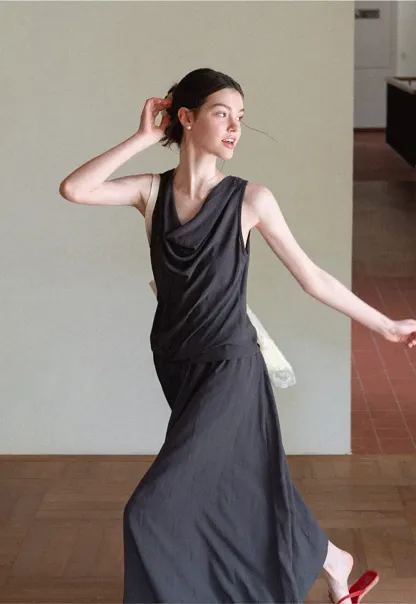 Draped V Neck Sleeveless Top And Flowing A Line Skirt Set