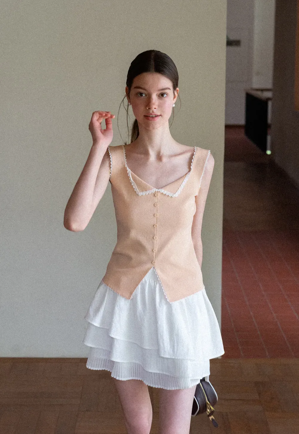 Lace Trim Collar Button Front Sleeveless Top