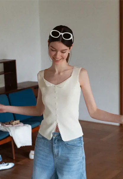 Lace Trim Collar Button Front Sleeveless Top