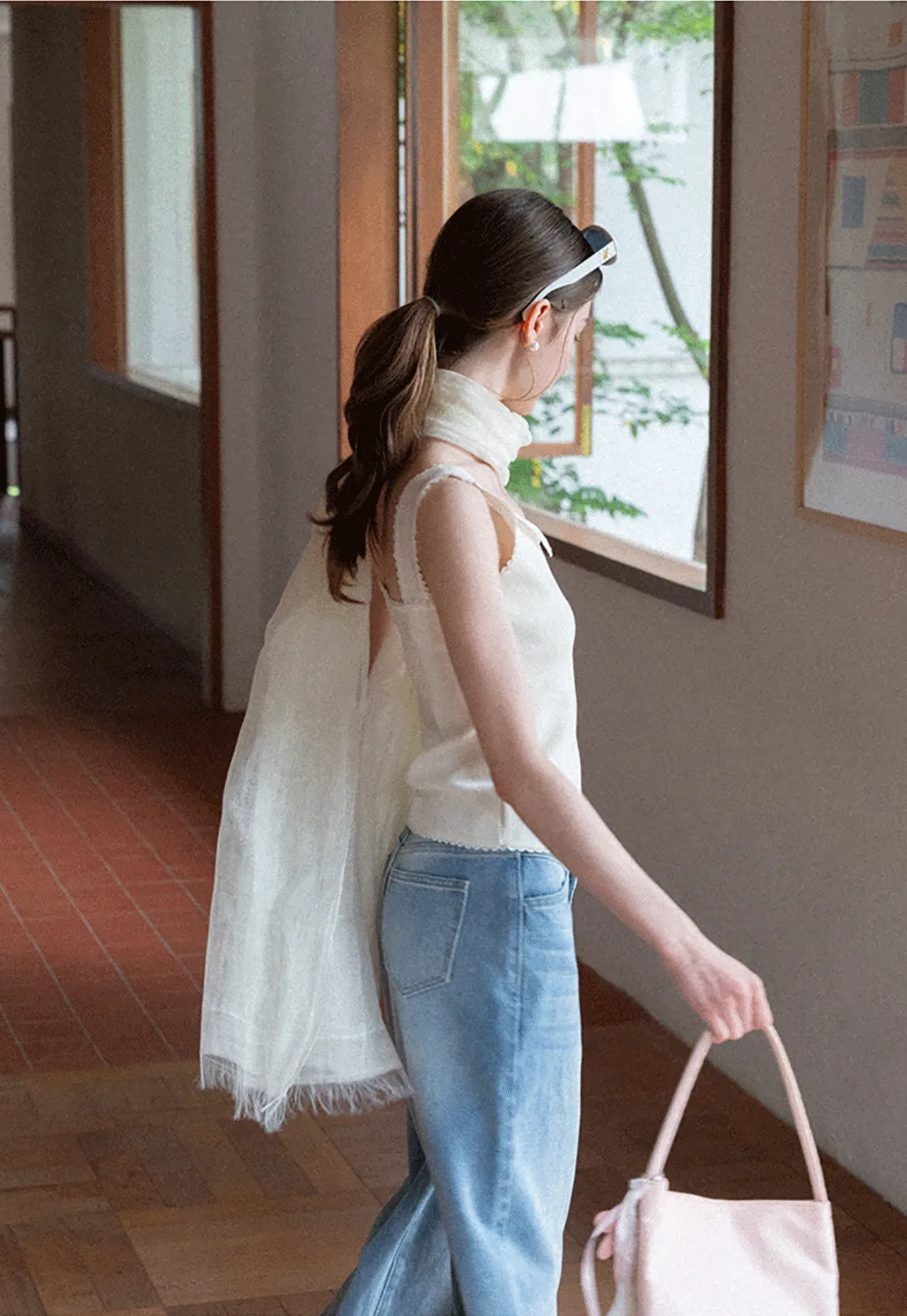 Lace Trim Collar Button Front Sleeveless Top