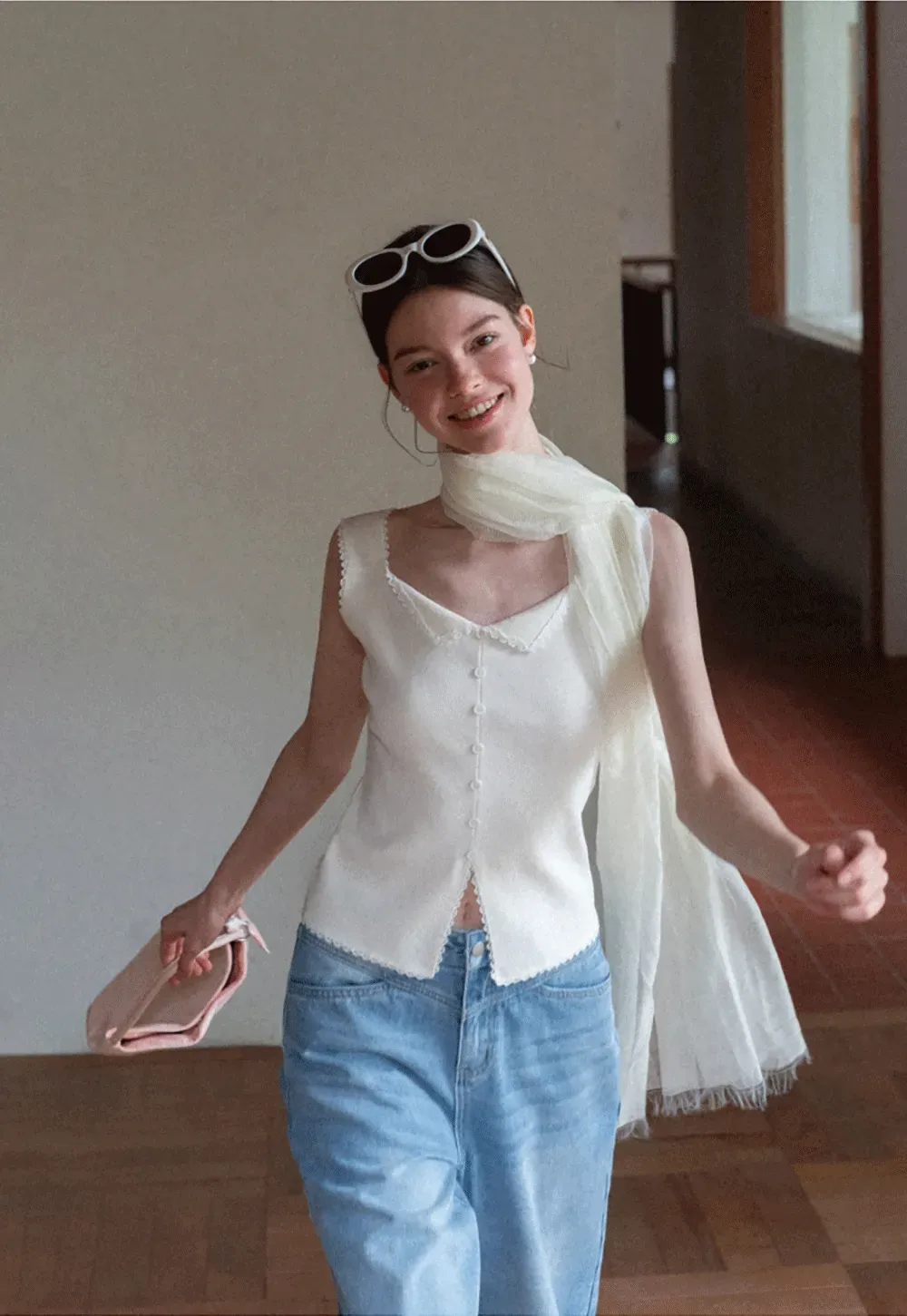 Lace Trim Collar Button Front Sleeveless Top