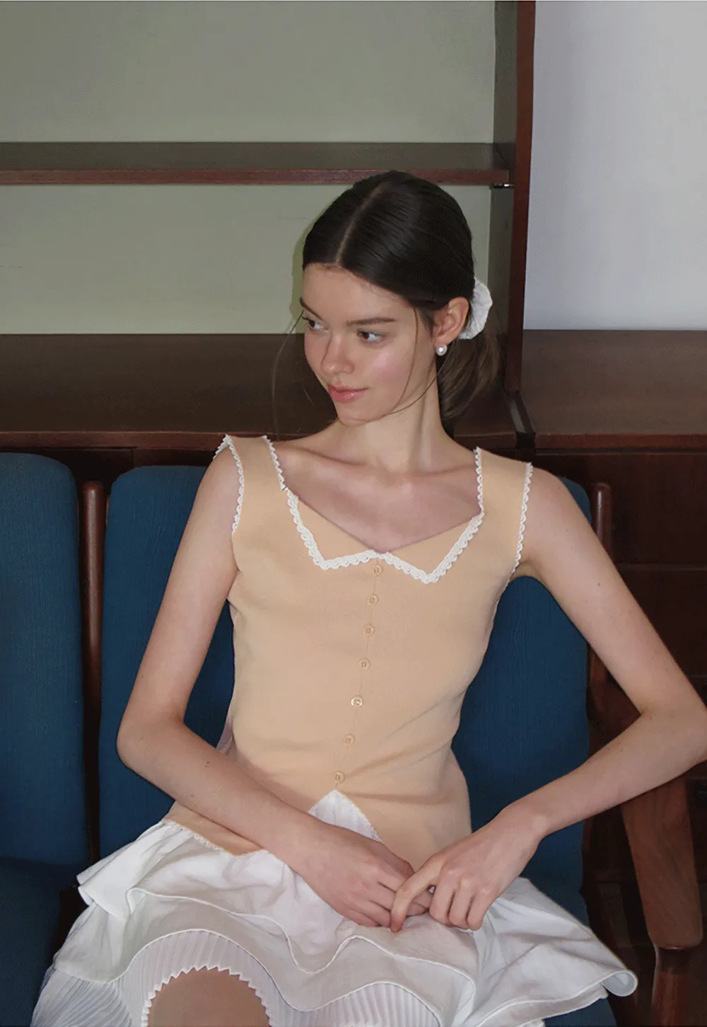 Lace Trim Collar Button Front Sleeveless Top