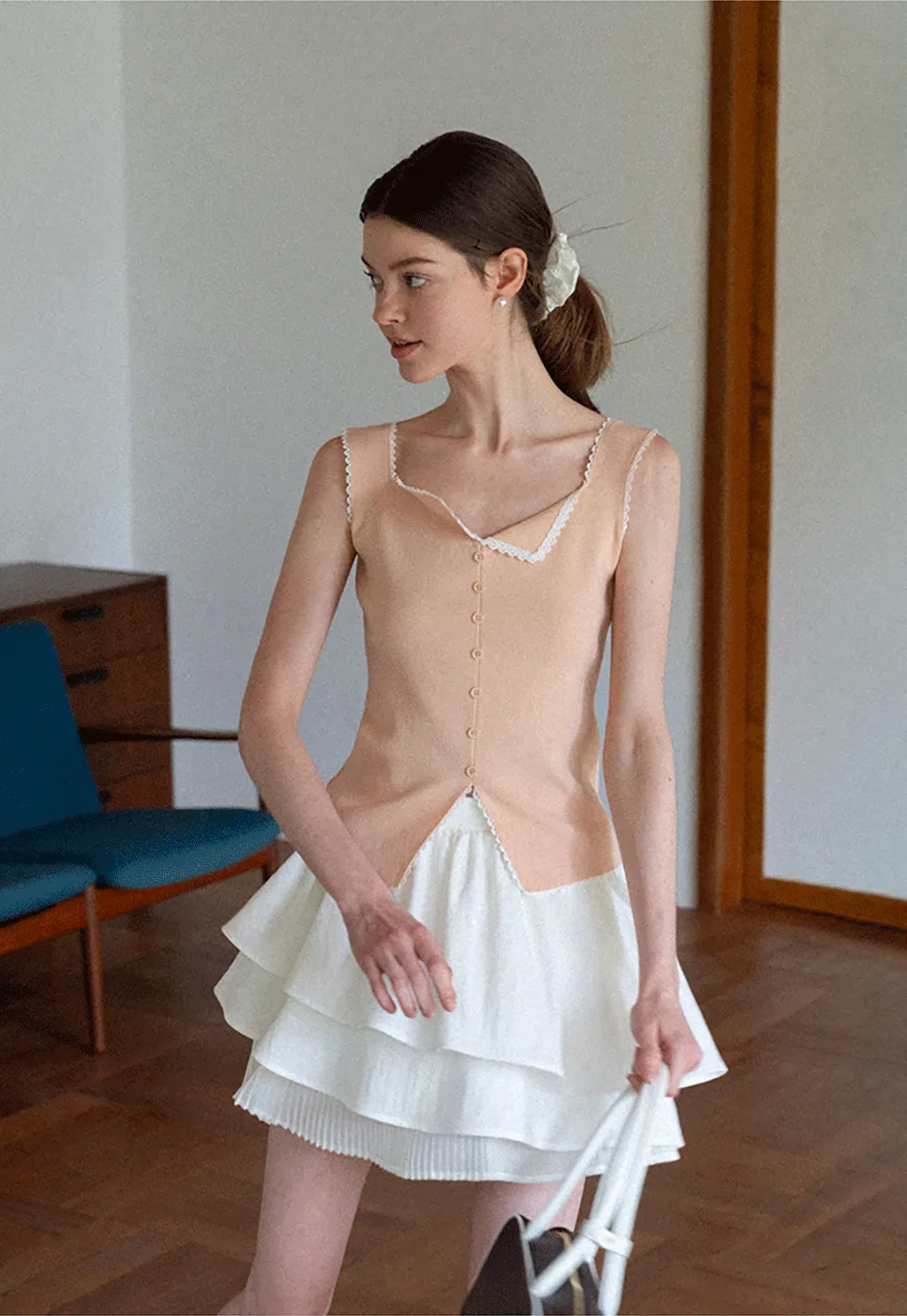 Lace Trim Collar Button Front Sleeveless Top
