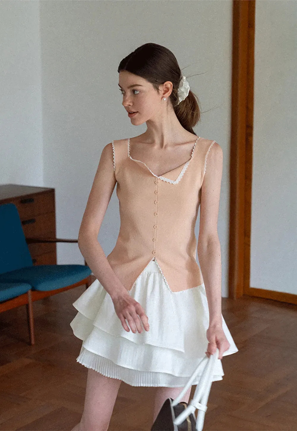 Lace Trim Collar Button Front Sleeveless Top
