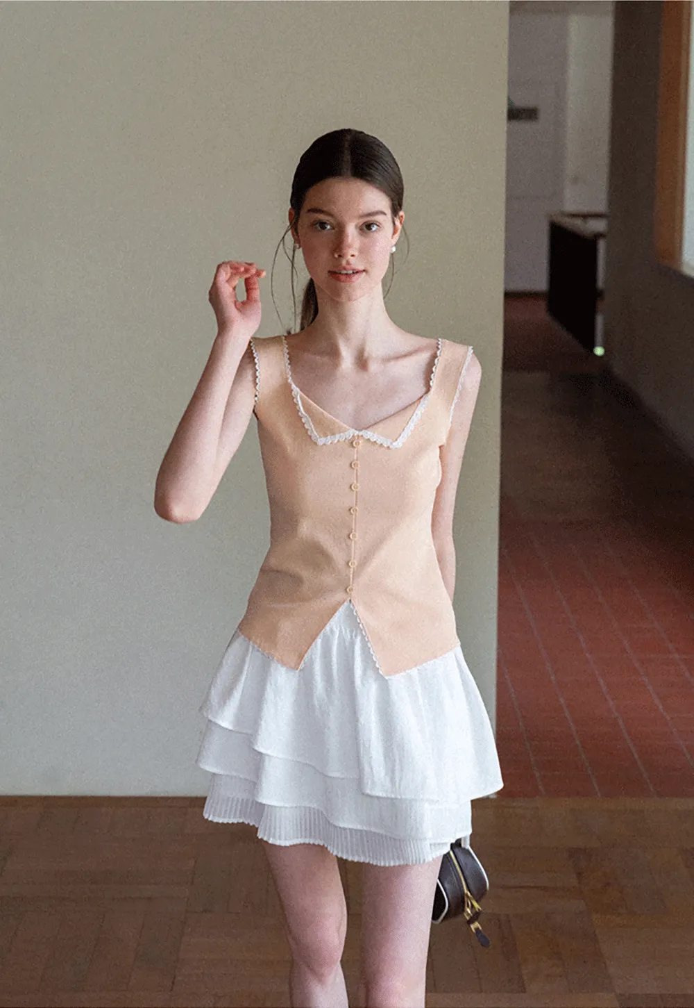 Lace Trim Collar Button Front Sleeveless Top