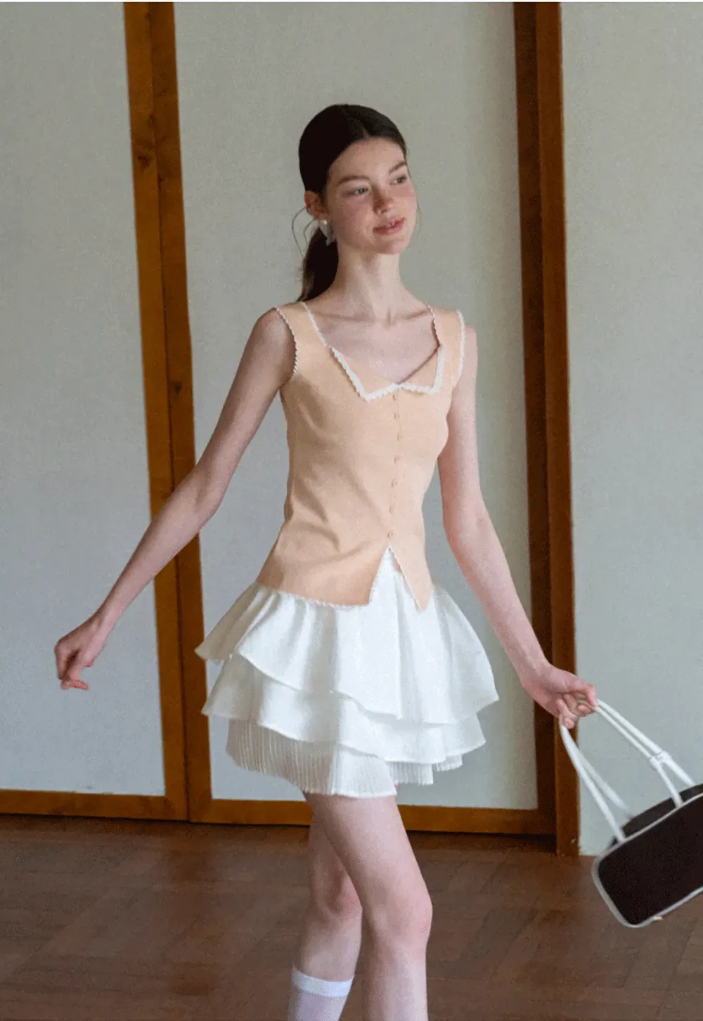Lace Trim Collar Button Front Sleeveless Top