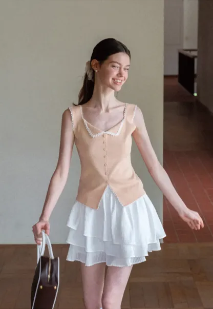 Lace Trim Collar Button Front Sleeveless Top