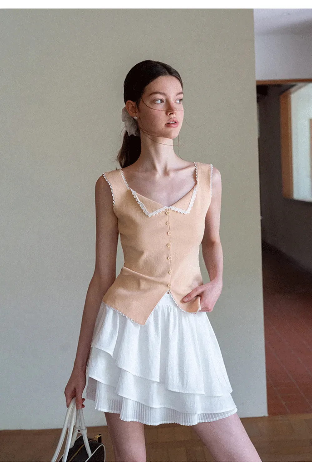 Lace Trim Collar Button Front Sleeveless Top