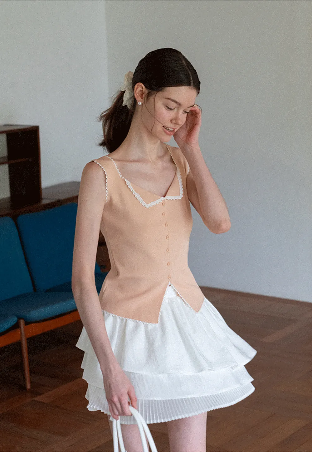 Lace Trim Collar Button Front Sleeveless Top