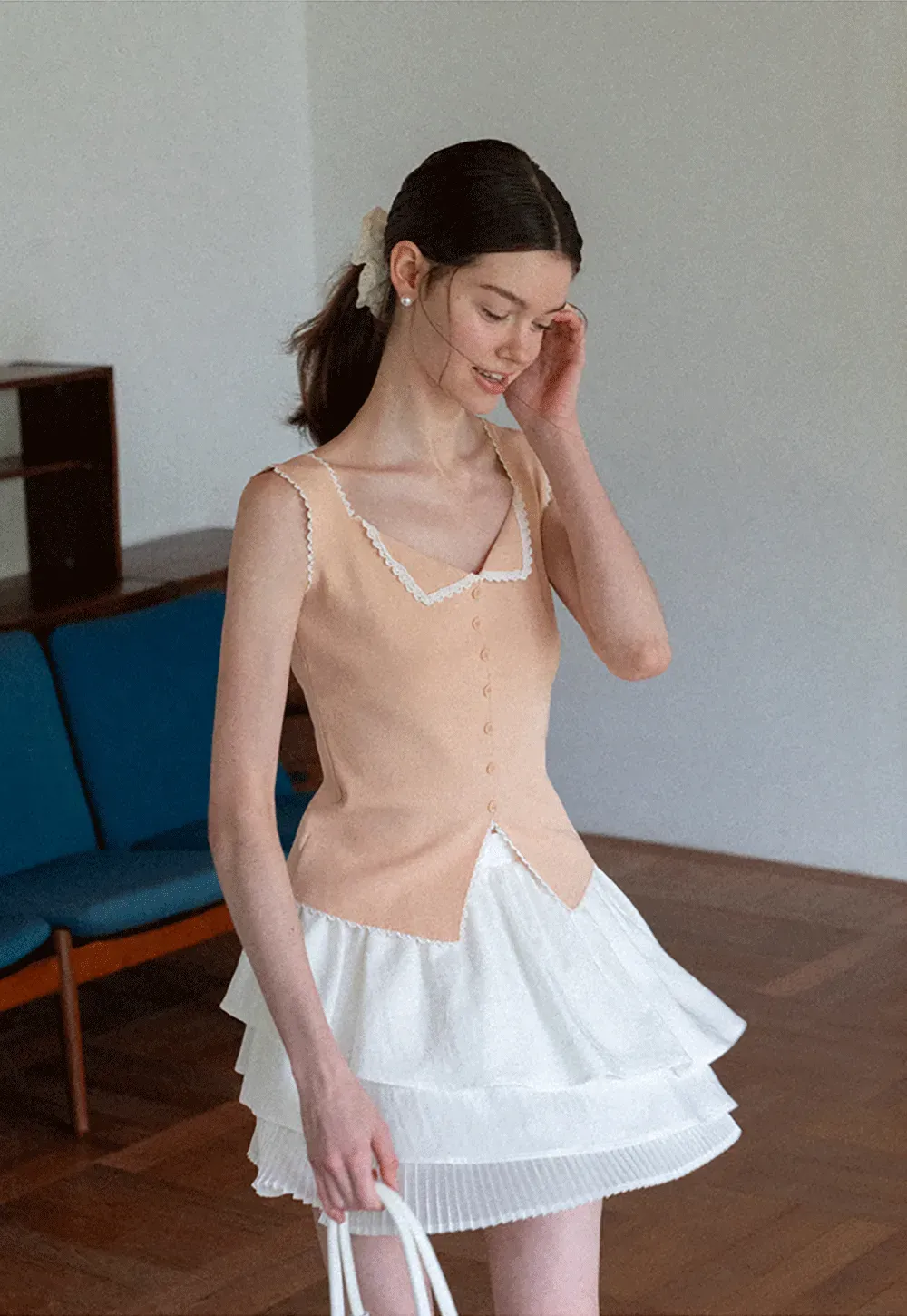 Lace Trim Collar Button Front Sleeveless Top
