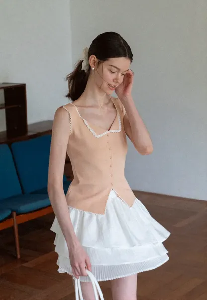Lace Trim Collar Button Front Sleeveless Top