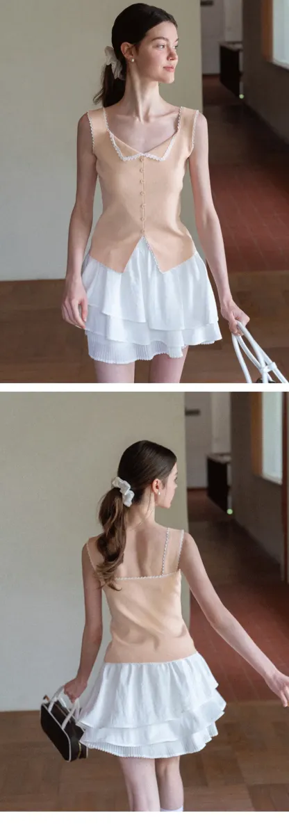 Lace Trim Collar Button Front Sleeveless Top