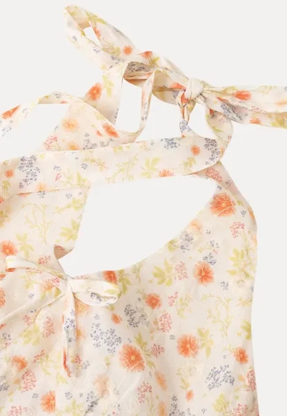 Floral Print Halter Neck Tank Top With Tie Front Detail