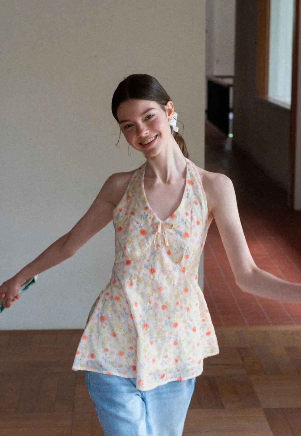 Floral Print Halter Neck Tank Top With Tie Front Detail