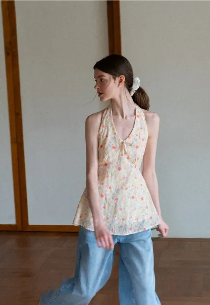 Floral Print Halter Neck Tank Top With Tie Front Detail