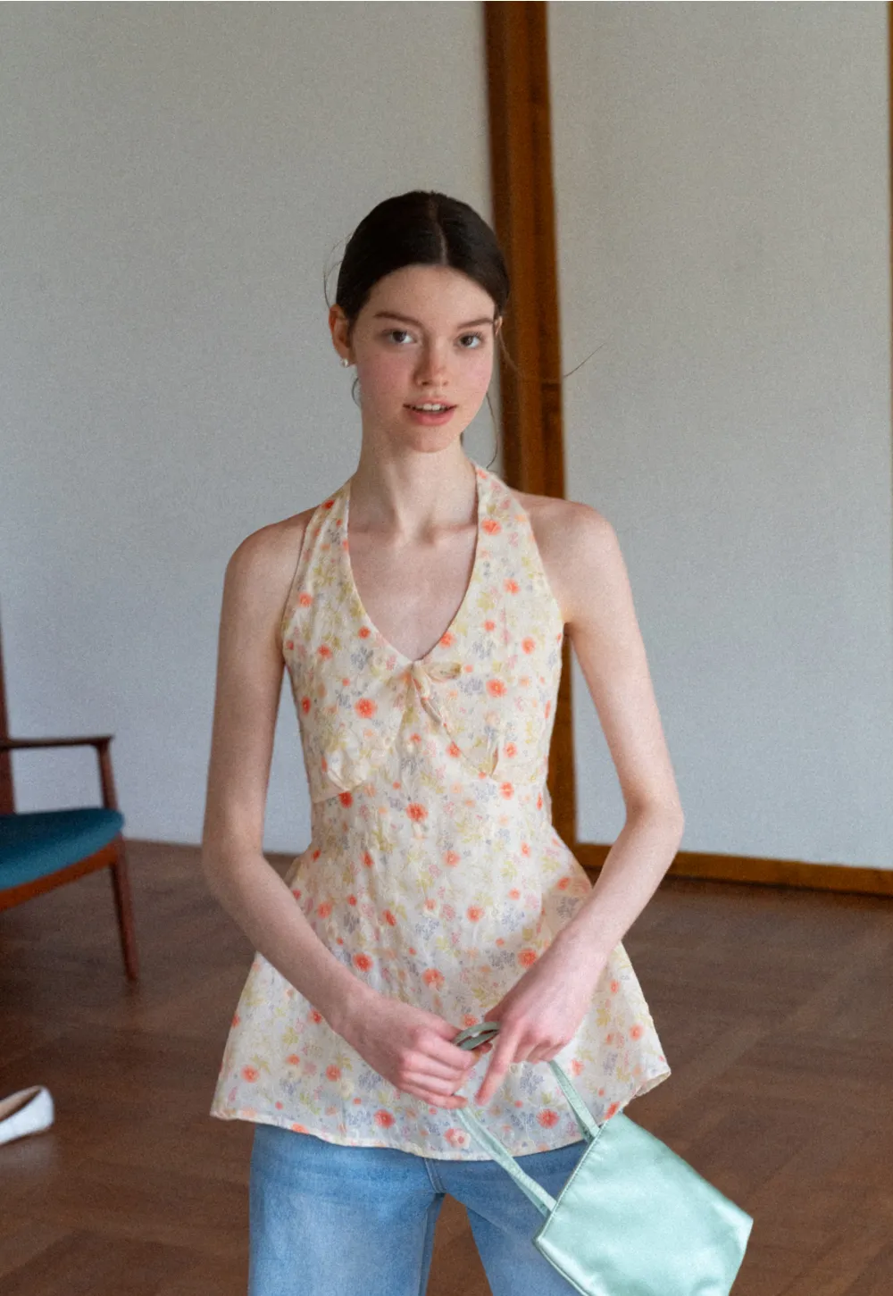 Floral Print Halter Neck Tank Top With Tie Front Detail