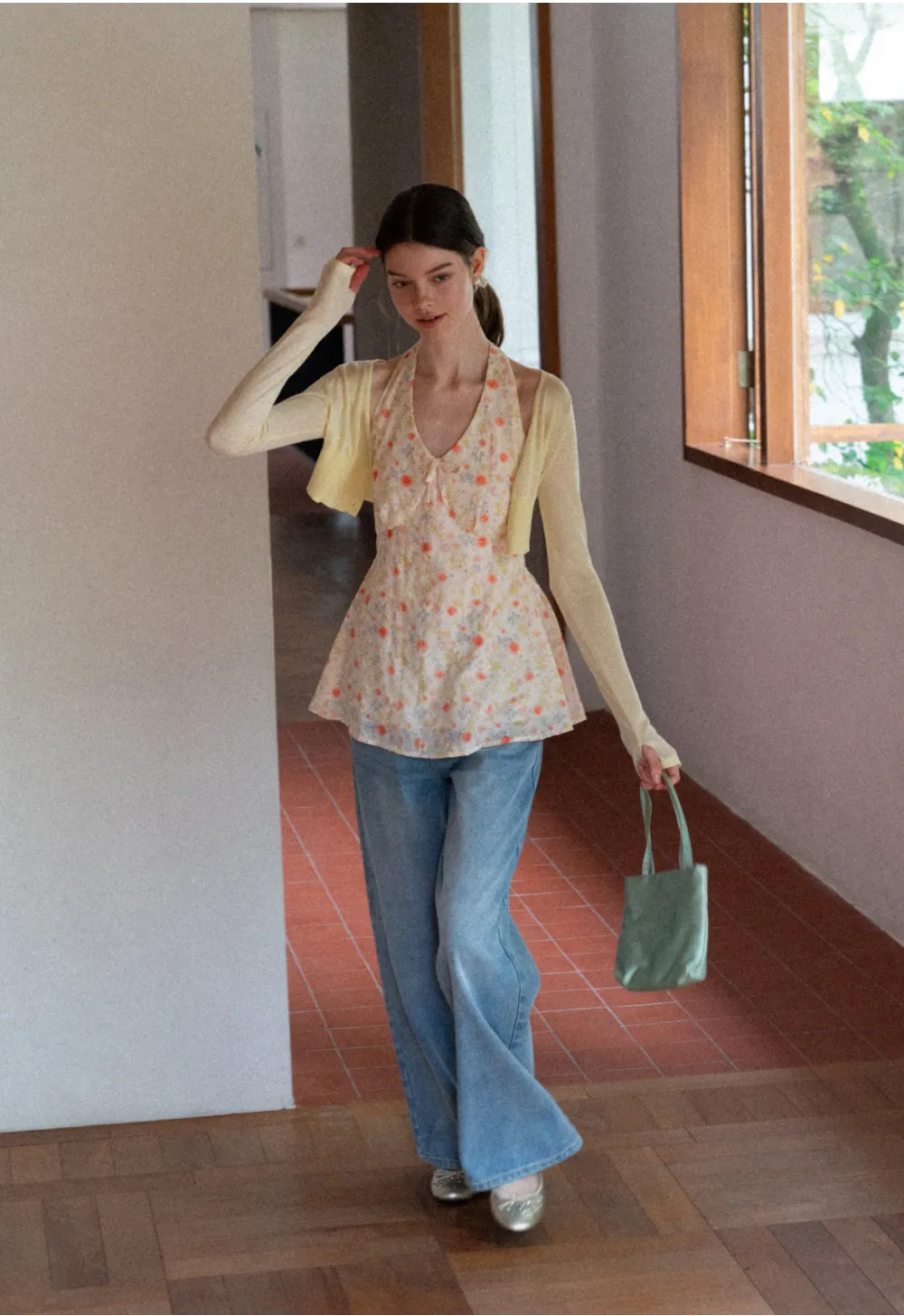 Floral Print Halter Neck Tank Top With Tie Front Detail