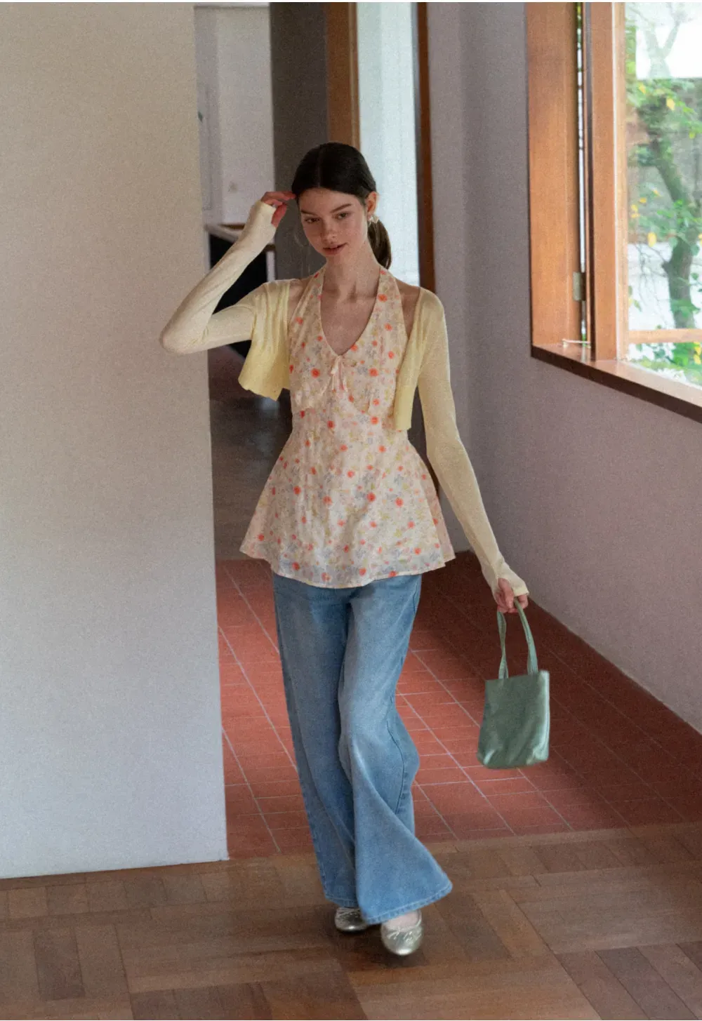 Floral Print Halter Neck Tank Top With Tie Front Detail