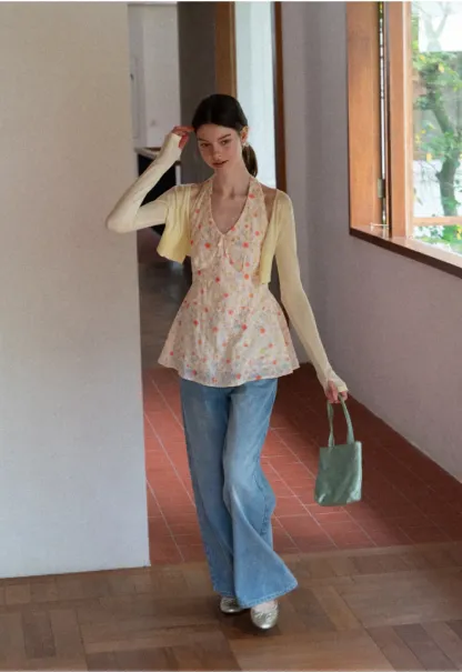 Floral Print Halter Neck Tank Top With Tie Front Detail