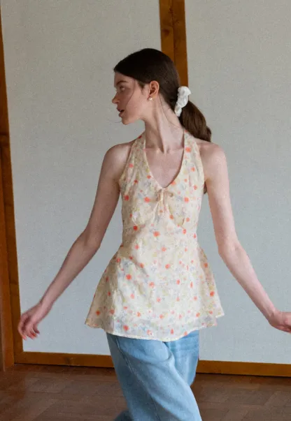 Floral Print Halter Neck Tank Top With Tie Front Detail