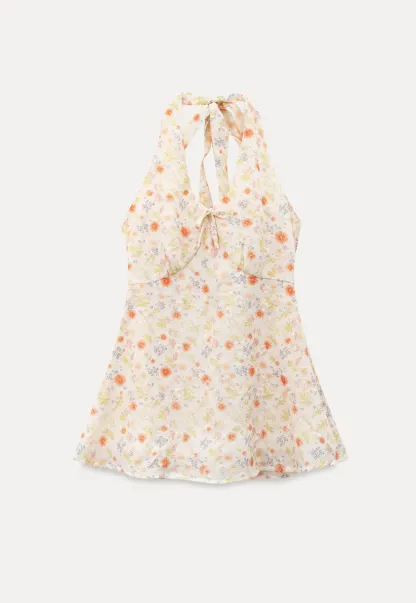 Floral Print Halter Neck Tank Top With Tie Front Detail