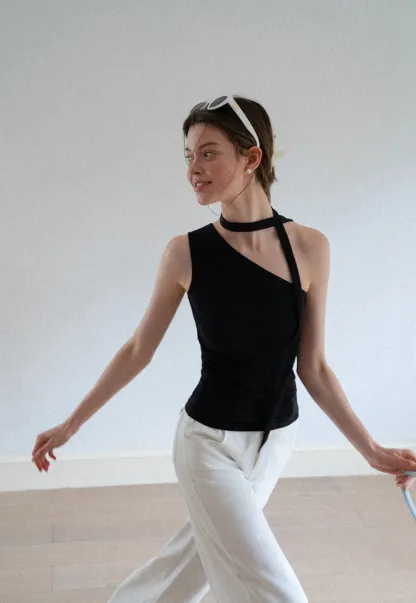 Asymmetrical Halter Neck Knit Tank Top