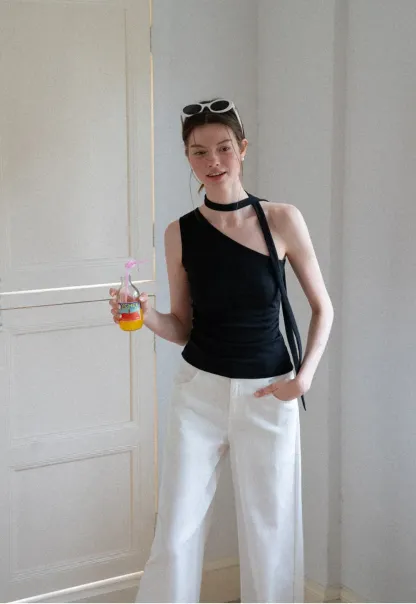 Asymmetrical Halter Neck Knit Tank Top
