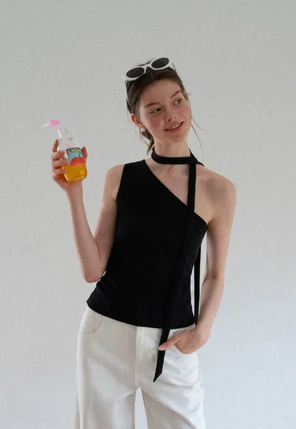 Asymmetrical Halter Neck Knit Tank Top