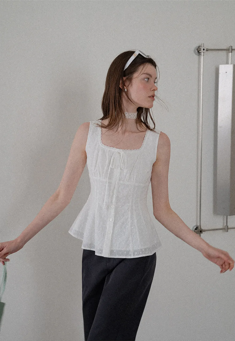 Lace Trim Square Neck Peplum Tank Top
