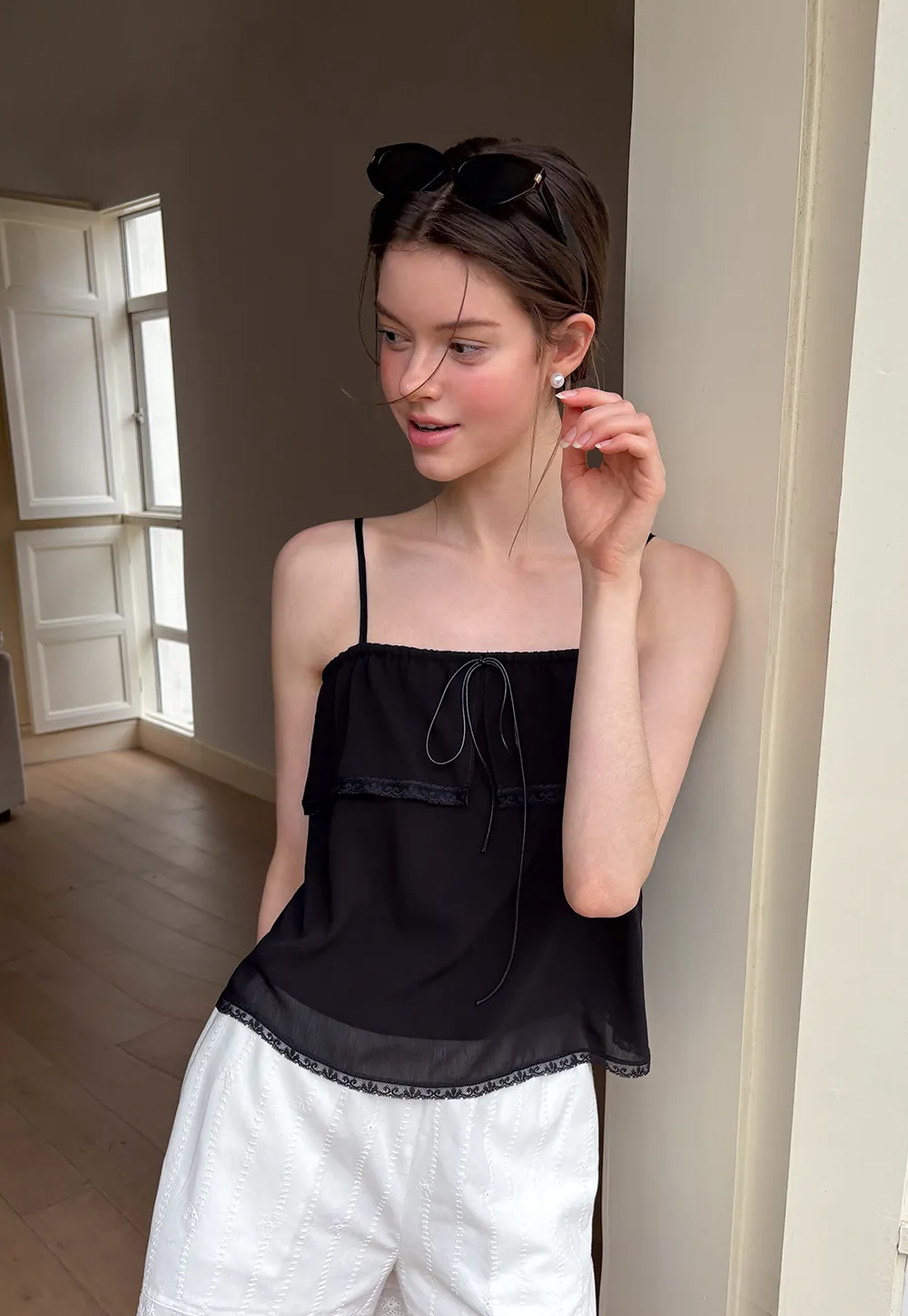 Lace Trim Sheer Layered Drawstring Tank Top