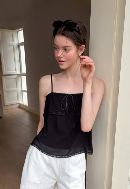 Lace Trim Sheer Layered Drawstring Tank Top