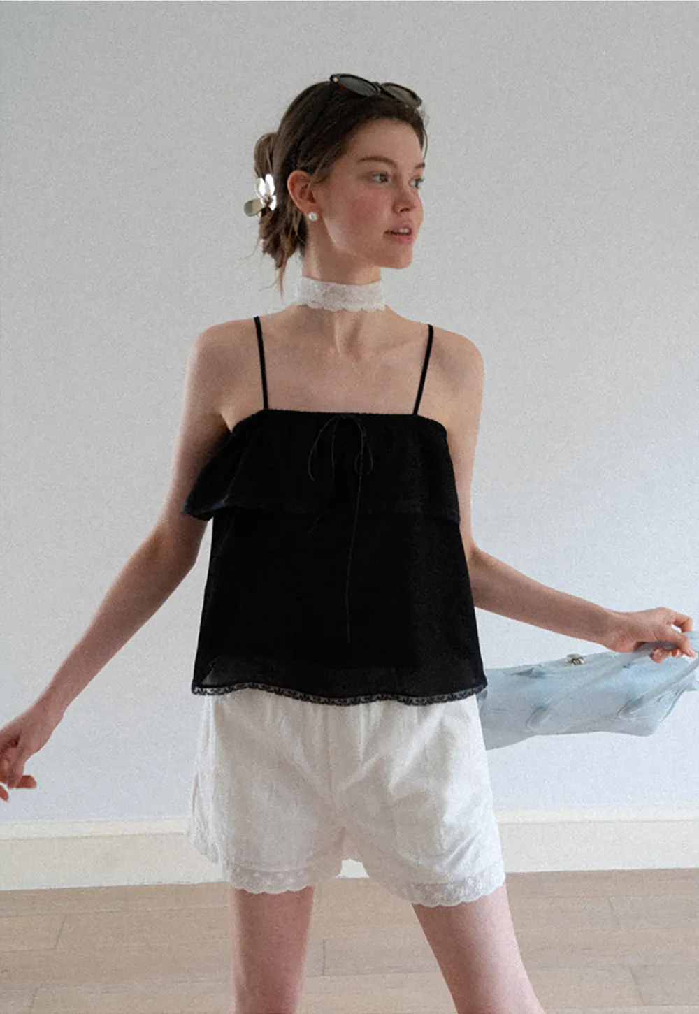 Lace Trim Sheer Layered Drawstring Tank Top