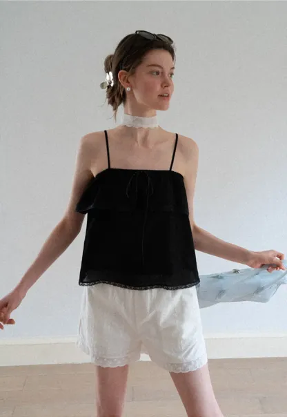 Lace Trim Sheer Layered Drawstring Tank Top