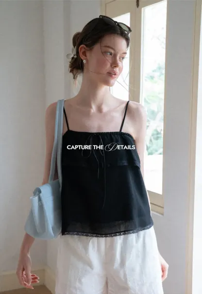 Lace Trim Sheer Layered Drawstring Tank Top
