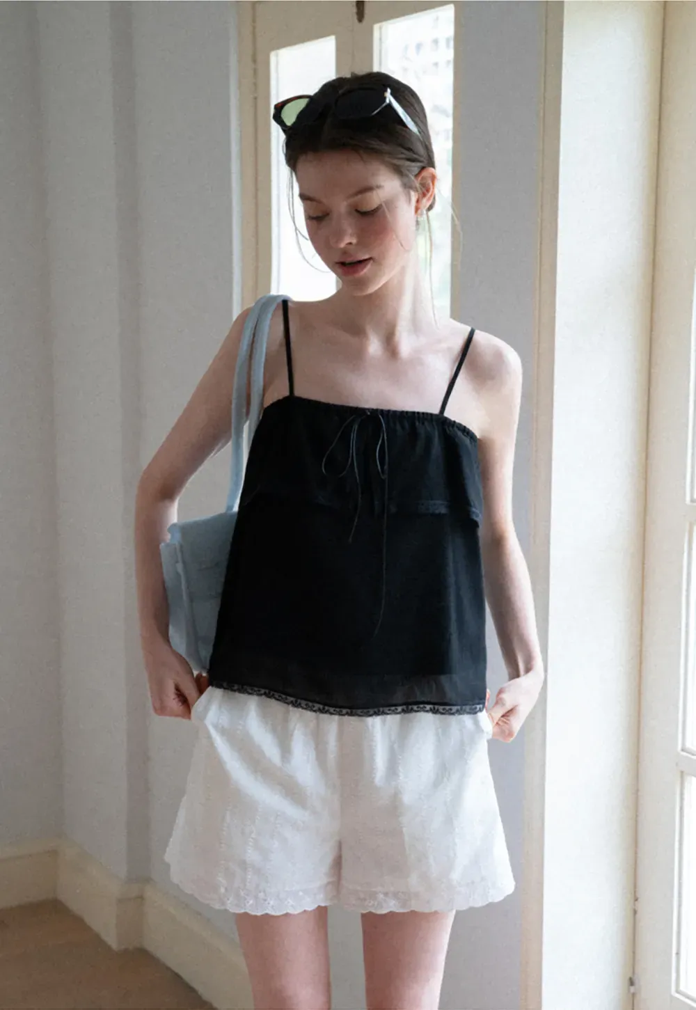 Lace Trim Sheer Layered Drawstring Tank Top