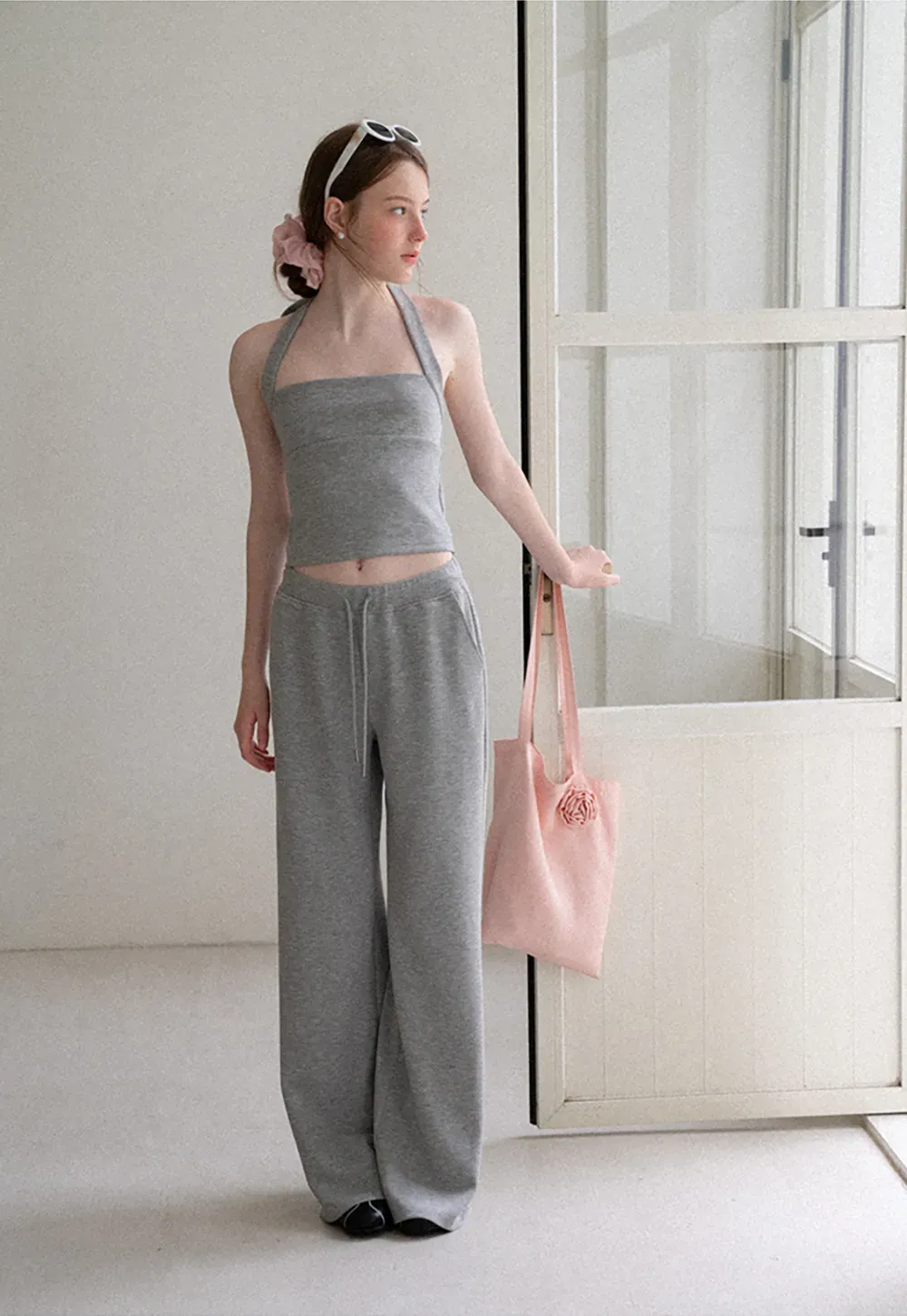 Cropped Halter Neck Tank Top and Drawstring Wide Leg Pants