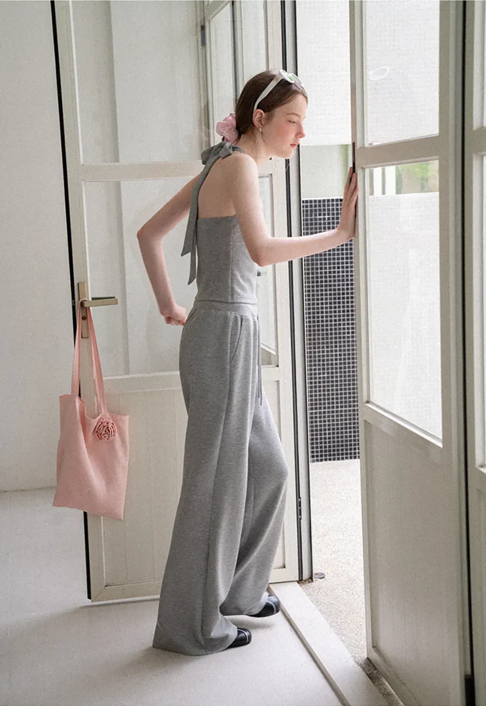 Cropped Halter Neck Tank Top and Drawstring Wide Leg Pants