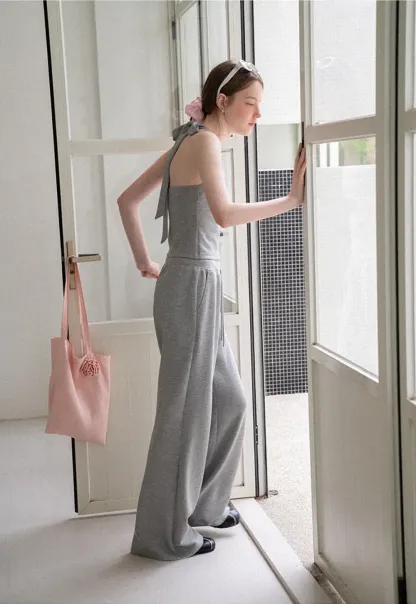 Cropped Halter Neck Tank Top and Drawstring Wide Leg Pants