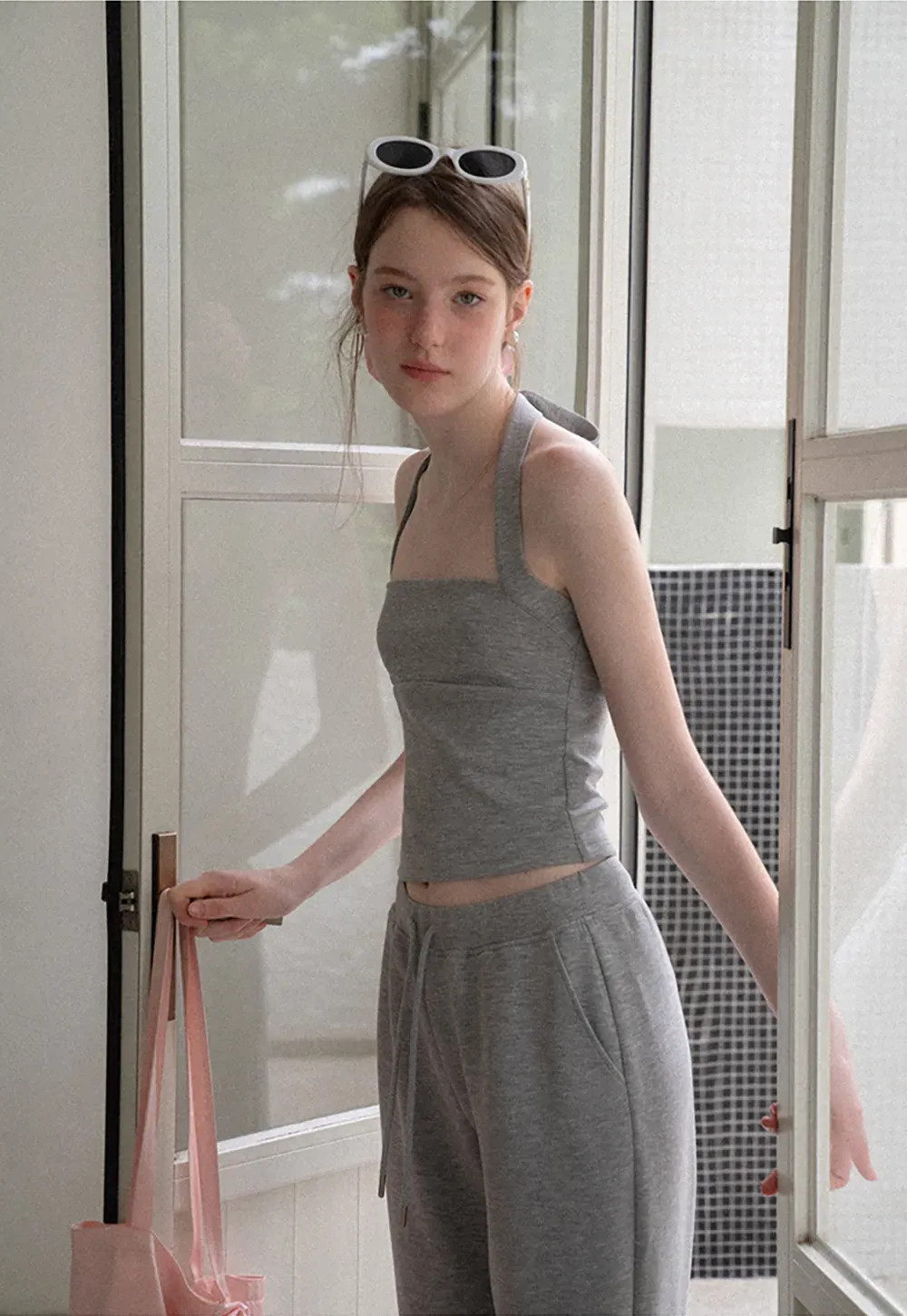 Cropped Halter Neck Tank Top and Drawstring Wide Leg Pants
