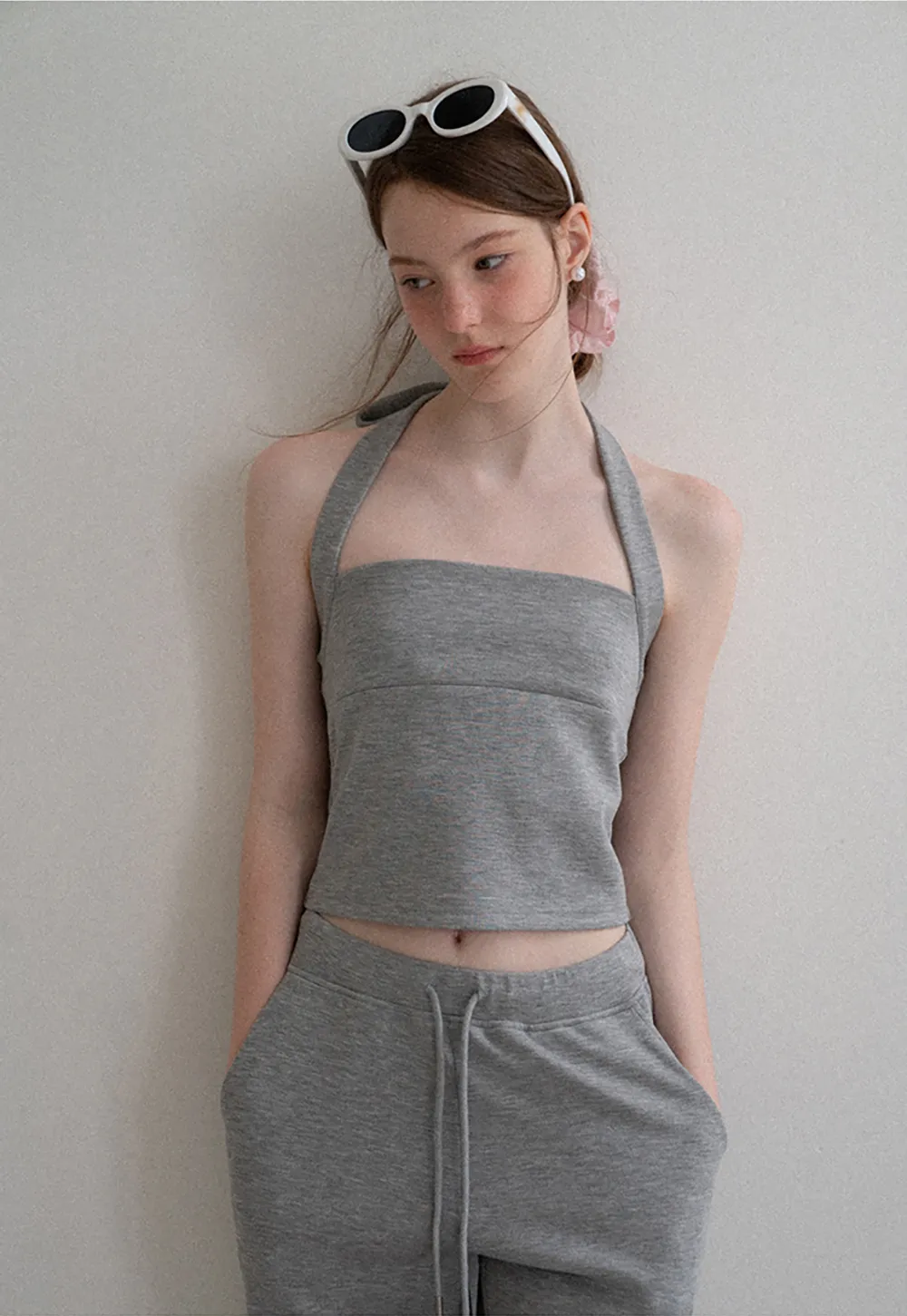 Cropped Halter Neck Tank Top and Drawstring Wide Leg Pants