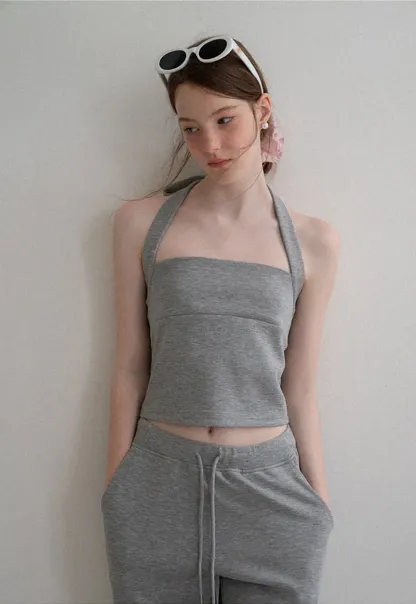 Cropped Halter Neck Tank Top and Drawstring Wide Leg Pants