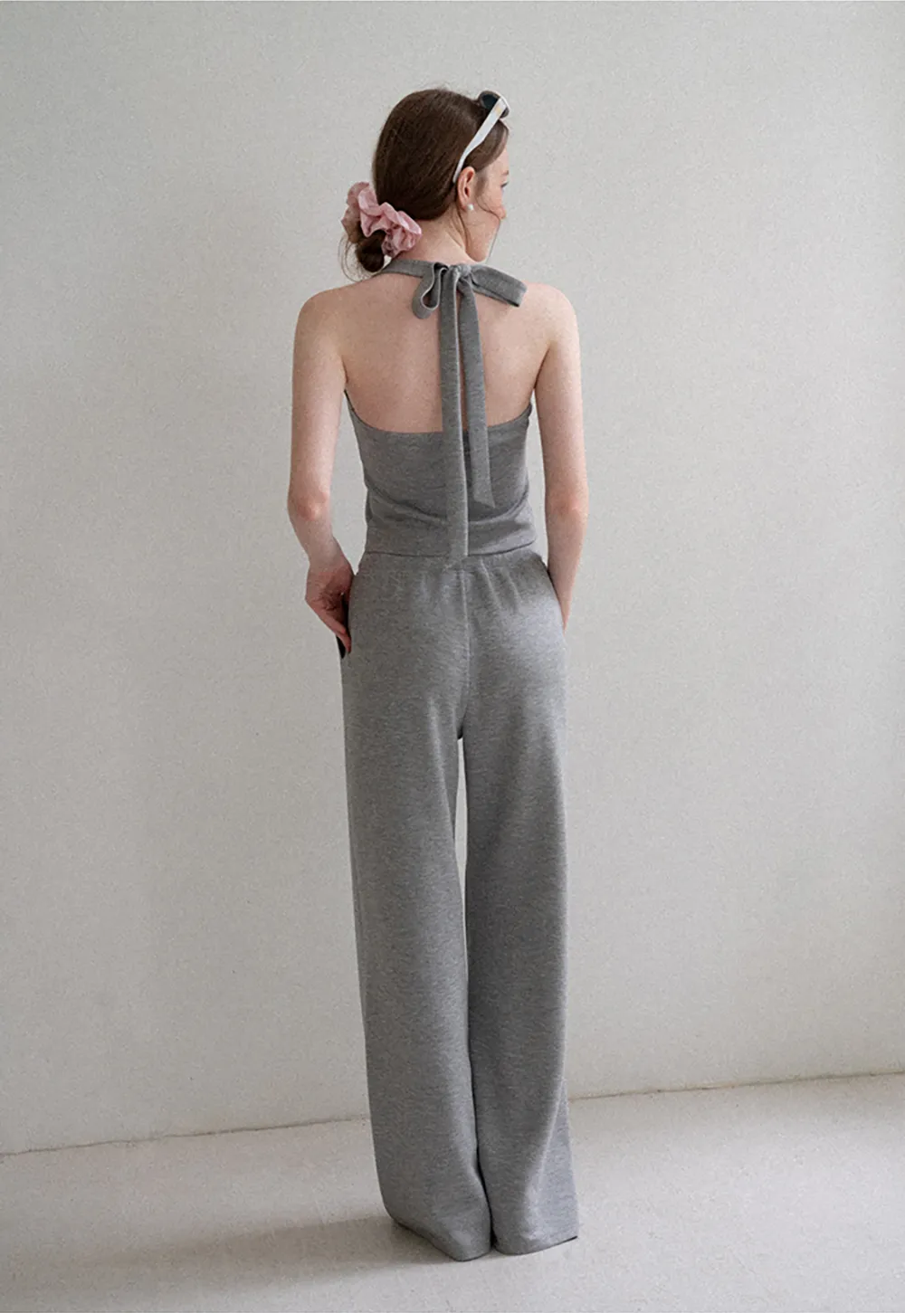 Cropped Halter Neck Tank Top and Drawstring Wide Leg Pants