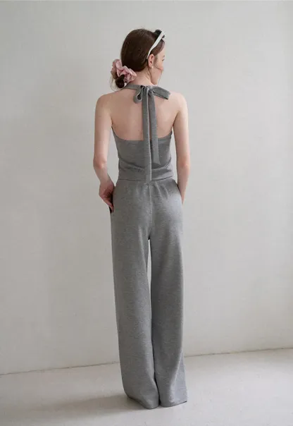 Cropped Halter Neck Tank Top and Drawstring Wide Leg Pants